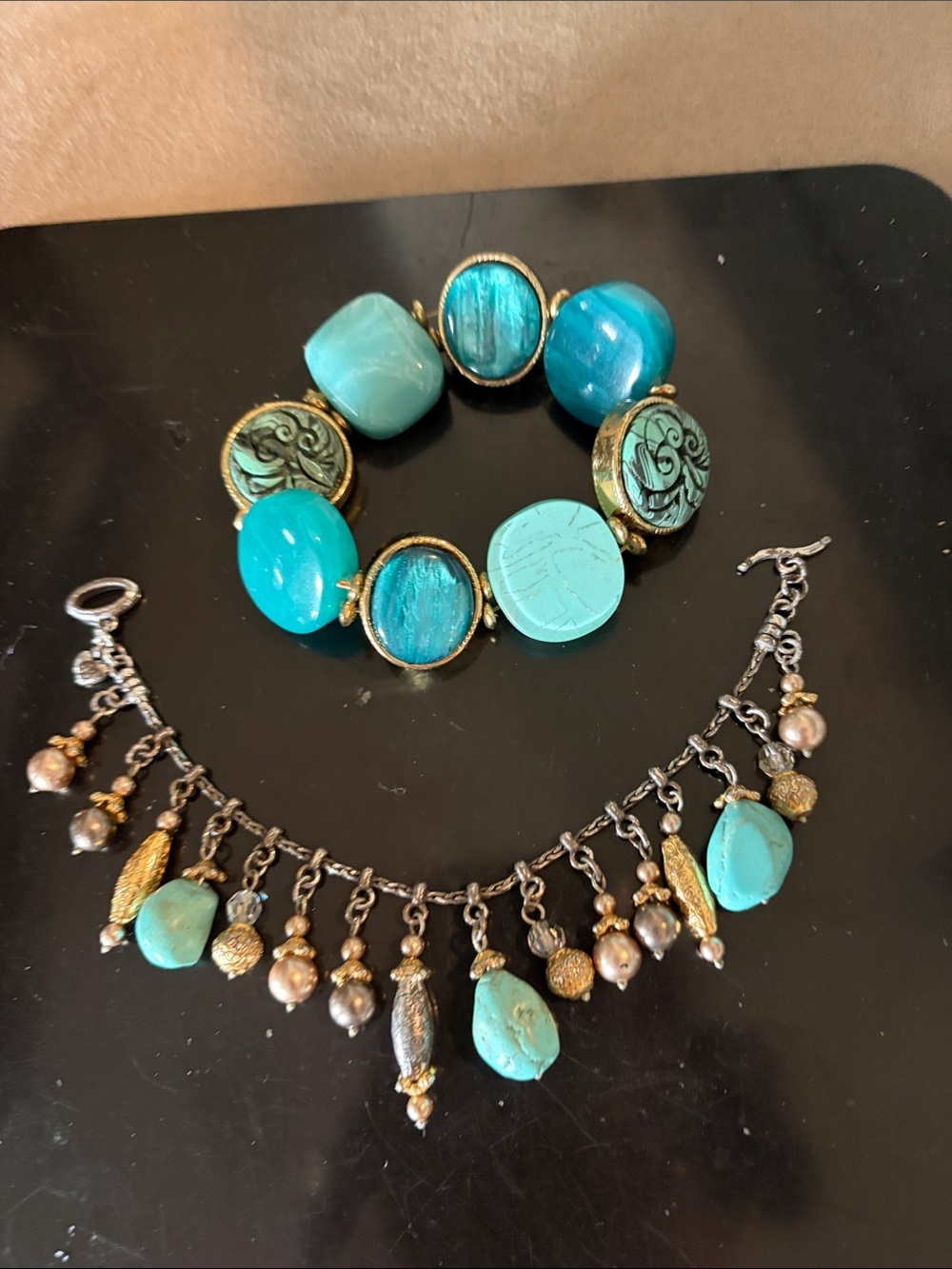 Turquoise Bead Bracelet and Charm Necklace Set - Women Jewelry